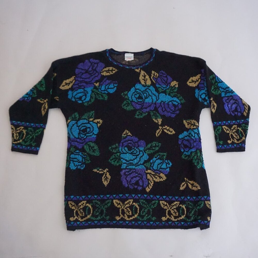 Vintage Holiday Time Black Blue Rose Floral Metallic Knit Grandma Sweater 20W